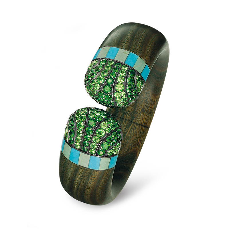 Harmony bangle made of wood with tsavorites and turquoise